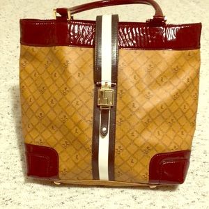 Tan and maroon patent leather LAMB tote bag